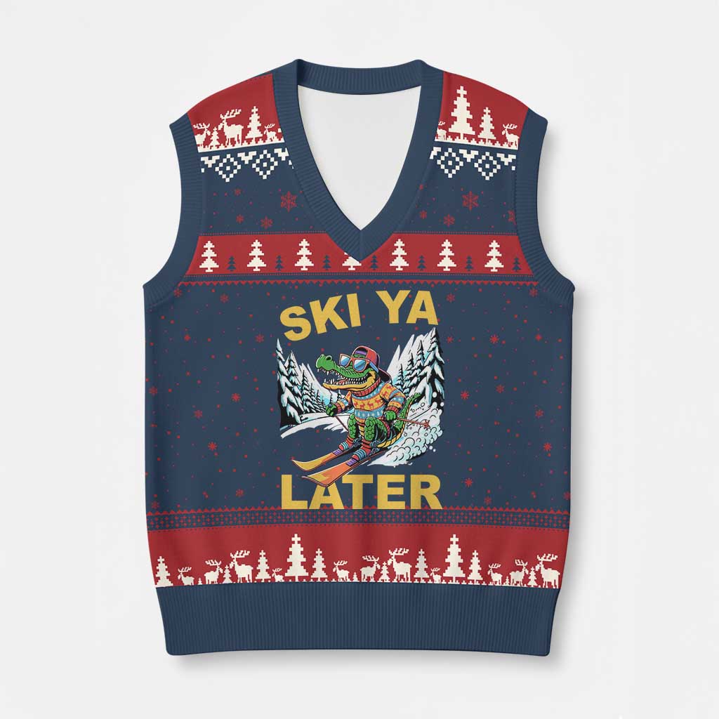 Funny Skiing Alligator V-Neck Knit Sweater Vest Ski Ya Later Skier Snow Mountain Winter Sport TS11 Navy Red Print Your Wear