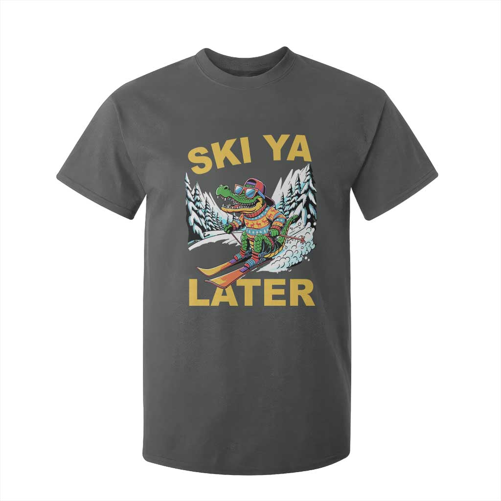 Funny Skiing Alligator T Shirt For Kid Ski Ya Later Skier Snow Mountain Winter Sport TS11 Dark Heather Print Your Wear