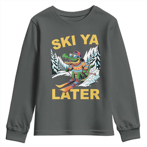 Funny Skiing Alligator Youth Sweatshirt Ski Ya Later Skier Snow Mountain Winter Sport TS11 Dark Heather Print Your Wear