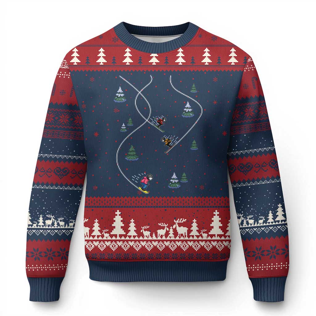 Funny Pixel Ski Snowboard Winter Sport Game Lover Ugly Christmas Sweater TS11 Navy Red Print Your Wear