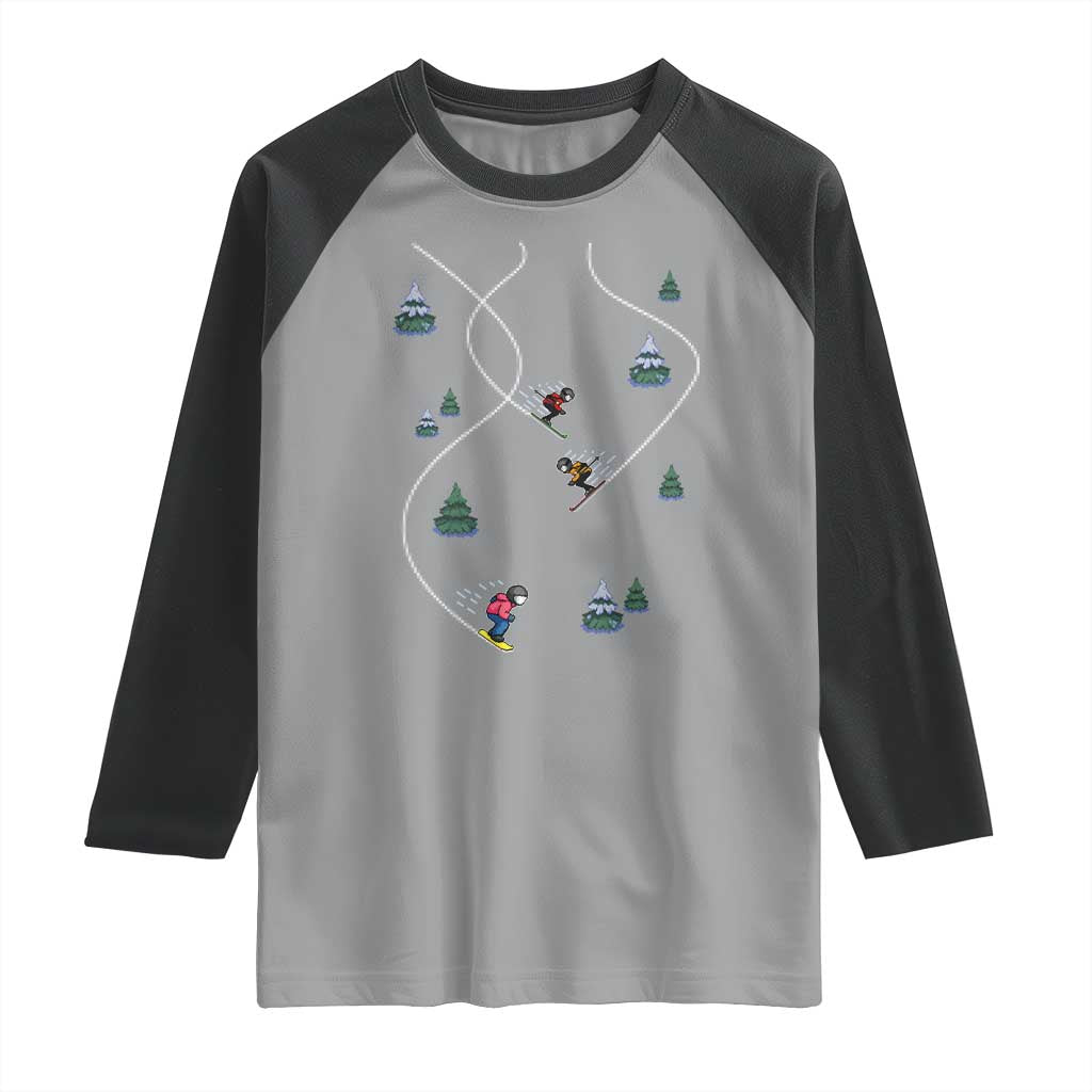 Funny Pixel Ski Snowboard Winter Sport Game Lover Raglan Shirt TS11 Sport Gray Black Print Your Wear