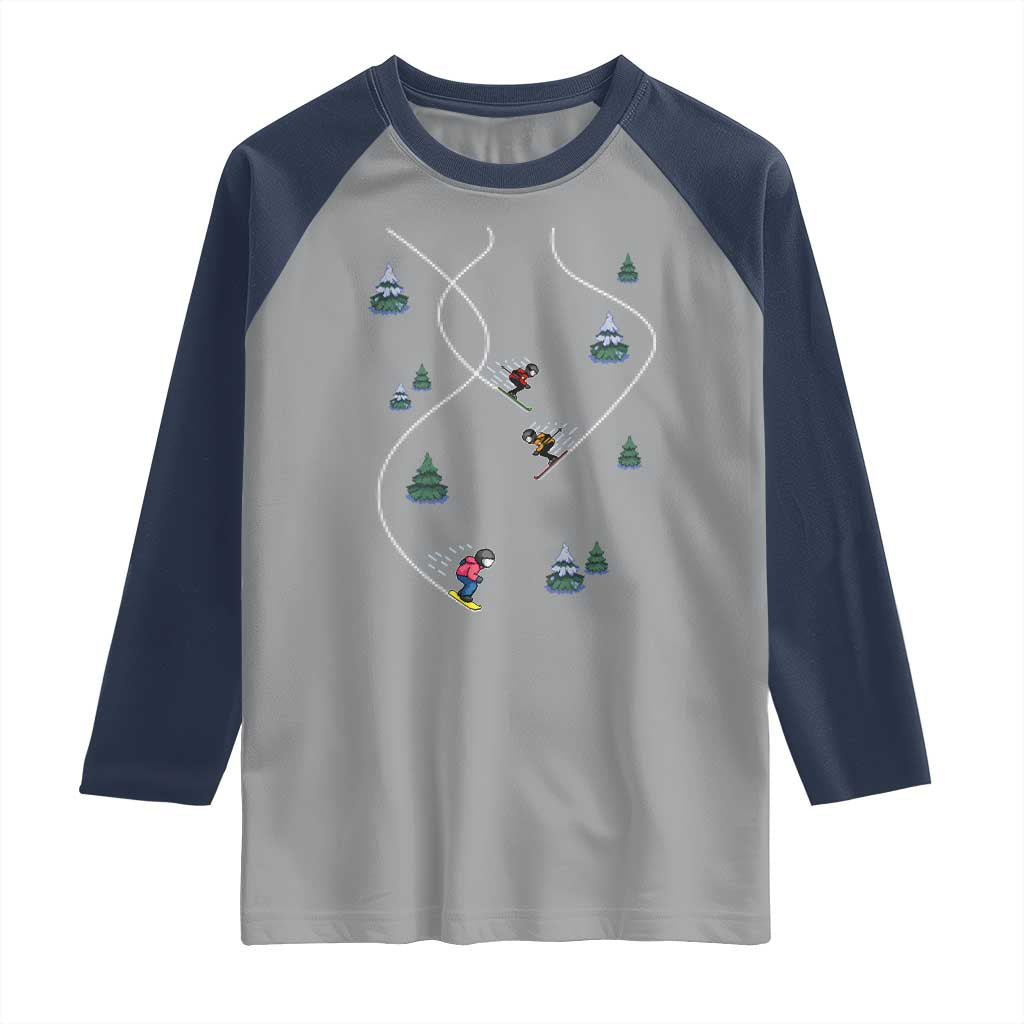 Funny Pixel Ski Snowboard Winter Sport Game Lover Raglan Shirt TS11 Sport Gray Navy Print Your Wear