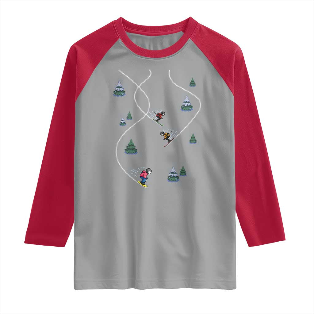 Funny Pixel Ski Snowboard Winter Sport Game Lover Raglan Shirt TS11 Sport Gray Red Print Your Wear