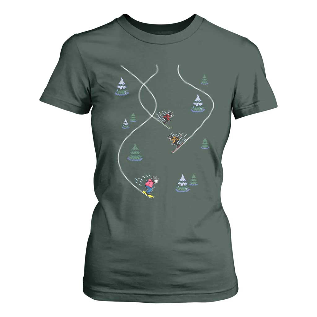 Funny Pixel Ski Snowboard Winter Sport Game Lover T Shirt For Women TS11 Dark Forest Green Print Your Wear