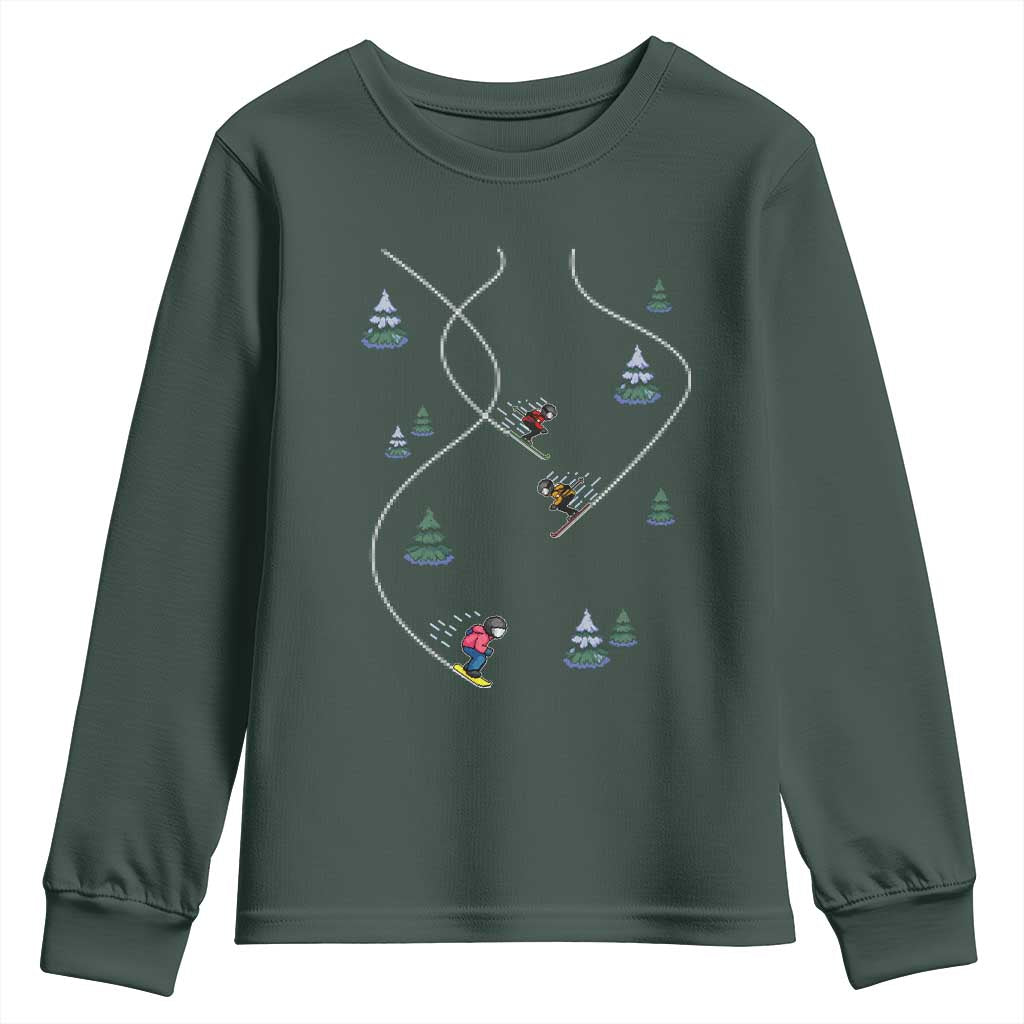 Funny Pixel Ski Snowboard Winter Sport Game Lover Youth Sweatshirt TS11 Dark Forest Green Print Your Wear