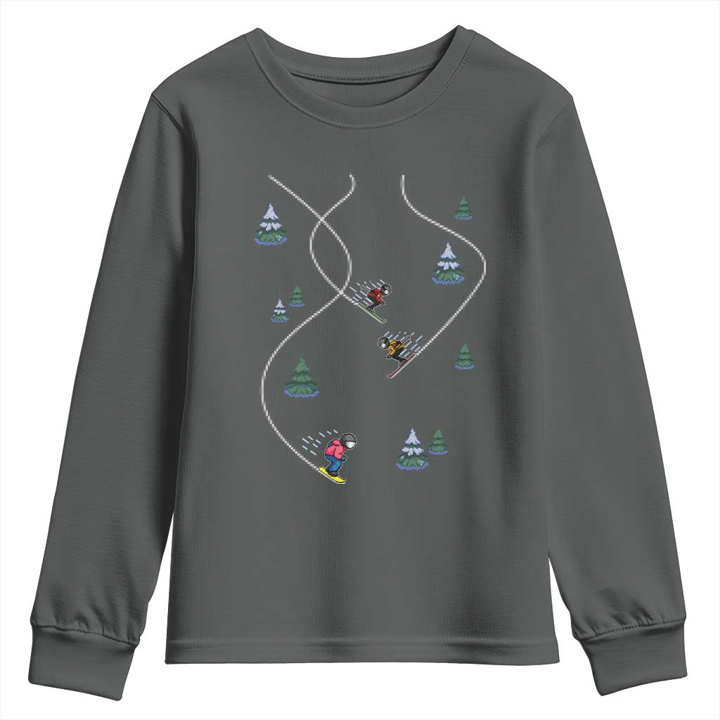 Funny Pixel Ski Snowboard Winter Sport Game Lover Youth Sweatshirt TS11 Dark Heather Print Your Wear