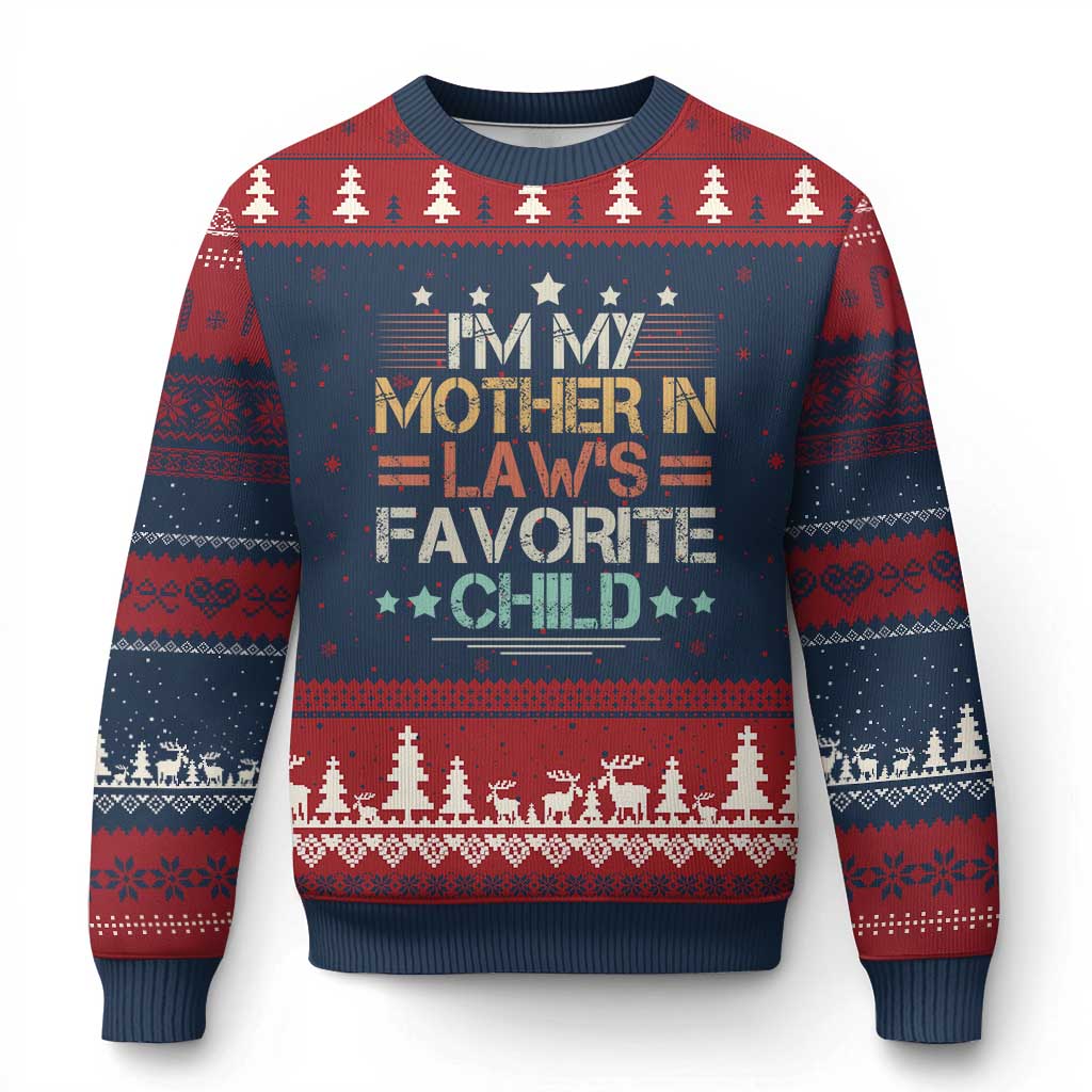 I Am My Mother In Laws Favorite Child Ugly Christmas Sweater Family Humor TS11 Navy Red Print Your Wear