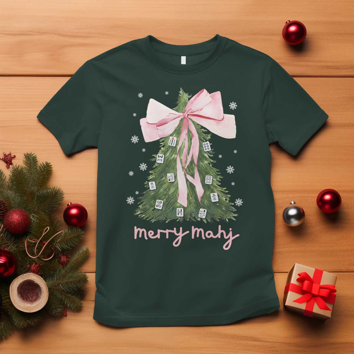 Funny Christmas Mahjong T Shirt Merry Mahj Xmas Tree Gambling Chinese Game TS11 Dark Forest Green Print Your Wear