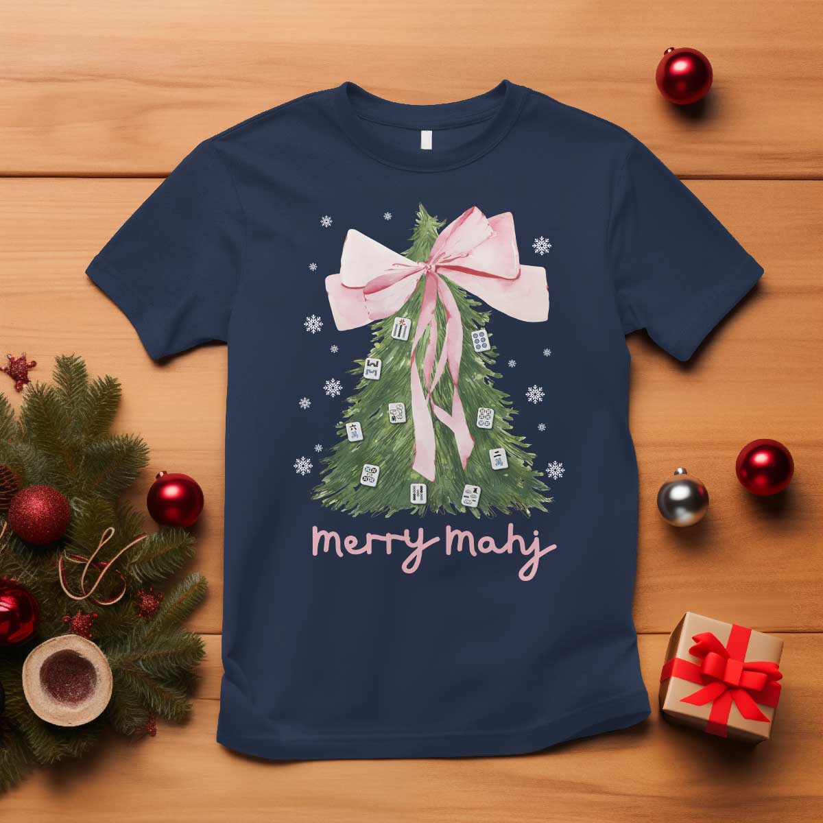 Funny Christmas Mahjong T Shirt Merry Mahj Xmas Tree Gambling Chinese Game TS11 Navy Print Your Wear