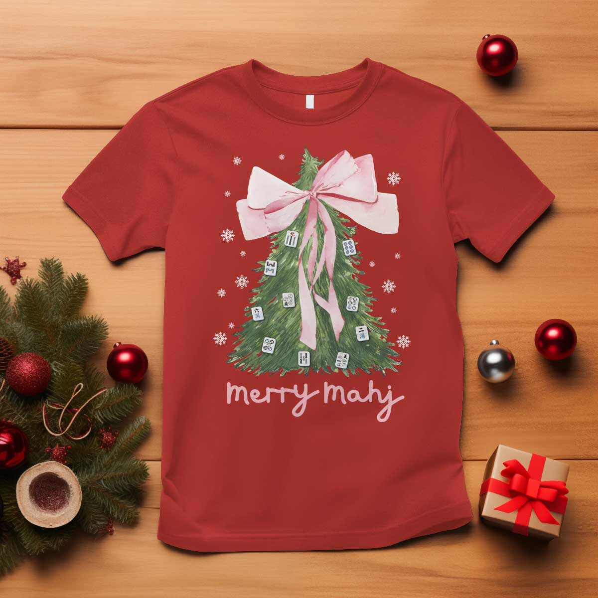 Funny Christmas Mahjong T Shirt Merry Mahj Xmas Tree Gambling Chinese Game TS11 Red Print Your Wear