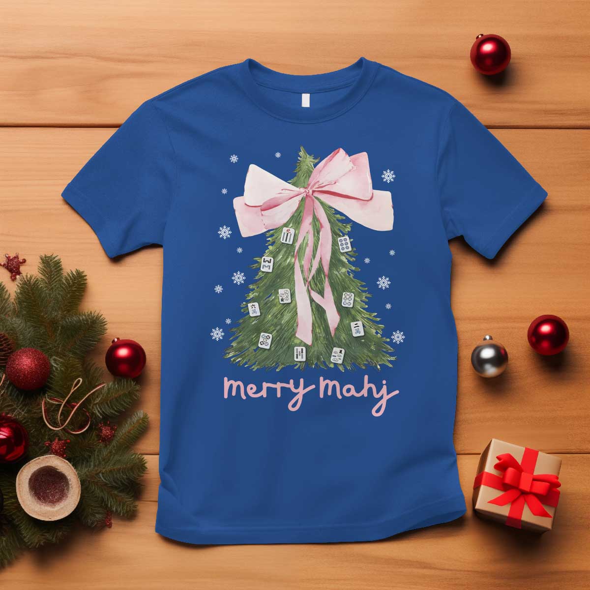 Funny Christmas Mahjong T Shirt Merry Mahj Xmas Tree Gambling Chinese Game TS11 Royal Blue Print Your Wear