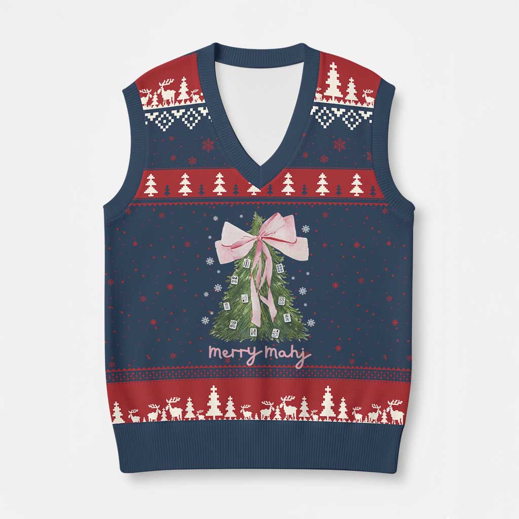 Funny Xmas Mahjong V-Neck Knit Sweater Vest Merry Mahj Xmas Tree Gambling Chinese Game TS11 Navy Red Print Your Wear