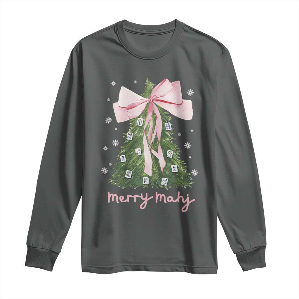 Funny Christmas Mahjong Long Sleeve Shirt Merry Mahj Xmas Tree Gambling Chinese Game TS11 Dark Heather Print Your Wear