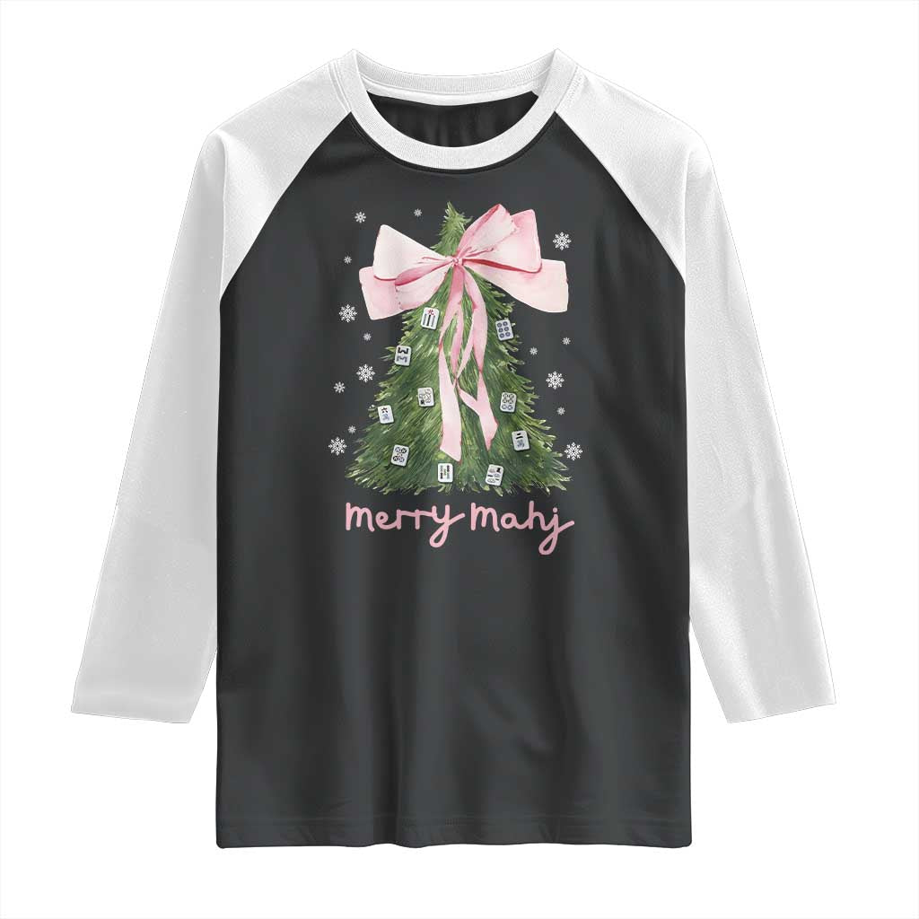 Funny Christmas Mahjong Raglan Shirt Merry Mahj Xmas Tree Gambling Chinese Game TS11 Black White Print Your Wear