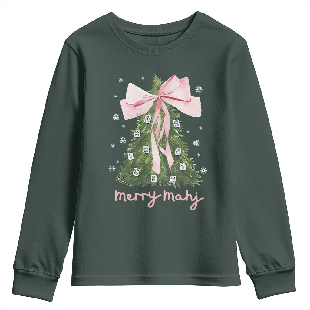 Funny Christmas Mahjong Youth Sweatshirt Merry Mahj Xmas Tree Gambling Chinese Game TS11 Dark Forest Green Print Your Wear