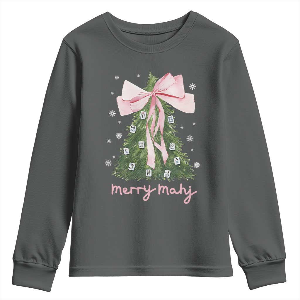 Funny Christmas Mahjong Youth Sweatshirt Merry Mahj Xmas Tree Gambling Chinese Game TS11 Dark Heather Print Your Wear