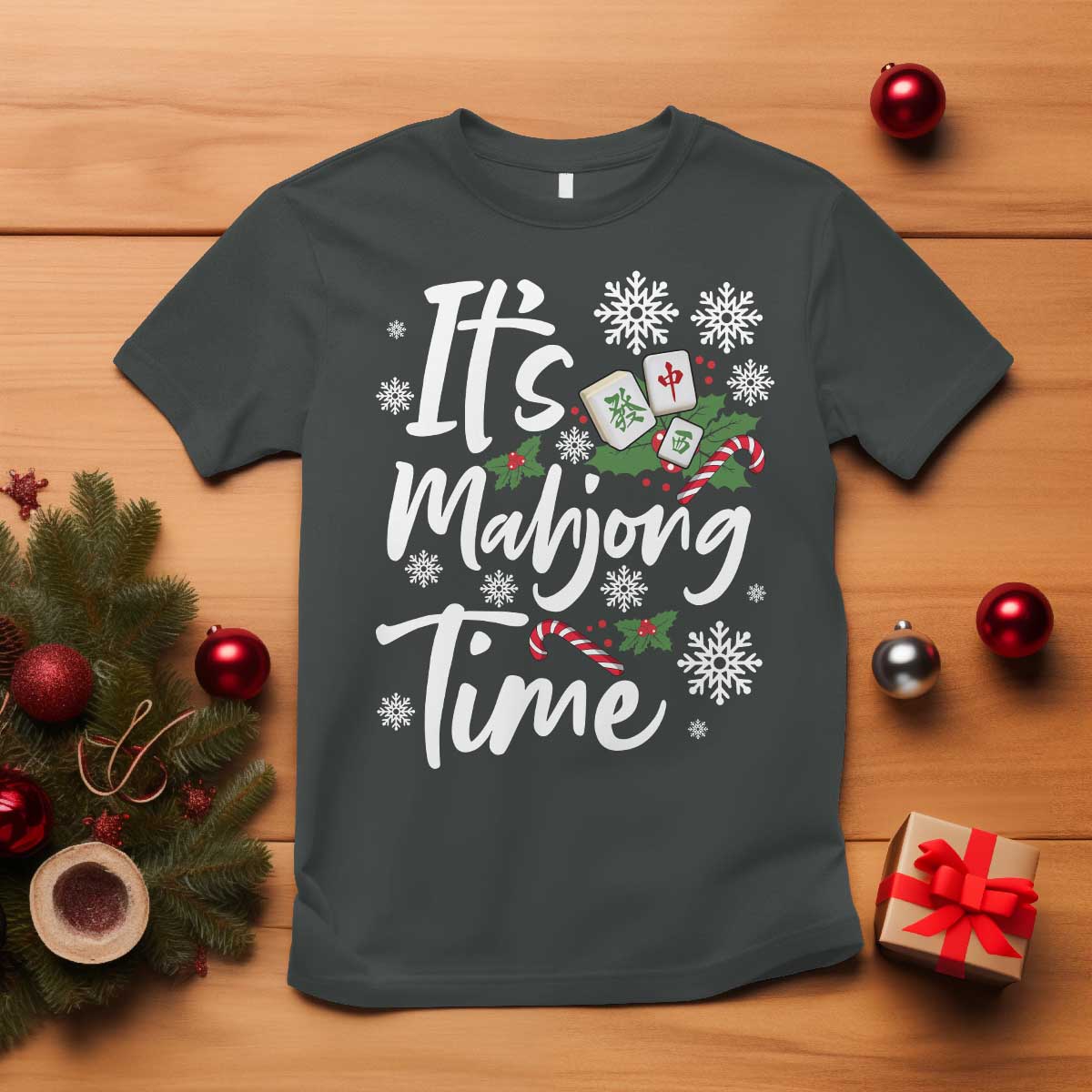 Funny Christmas Mahjong T Shirt It Is Mahjong Time Gambling Xmas Chinese Game TS11 Dark Heather Print Your Wear