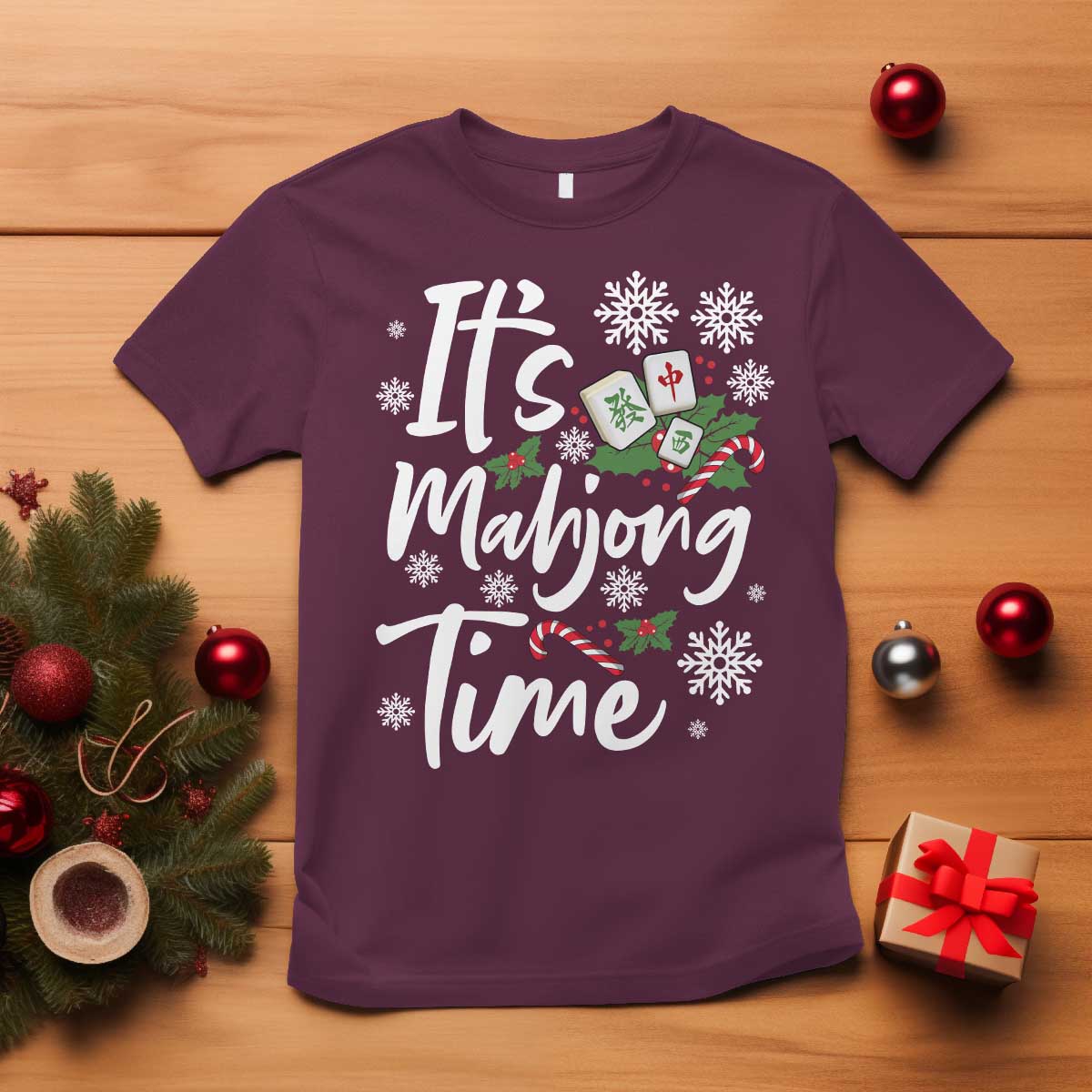 Funny Christmas Mahjong T Shirt It Is Mahjong Time Gambling Xmas Chinese Game TS11 Maroon Print Your Wear