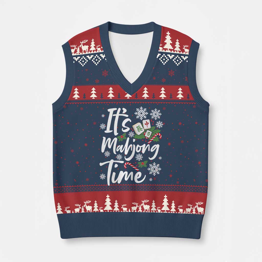 Funny Xmas Mahjong V-Neck Knit Sweater Vest It Is Mahjong Time Gambling Xmas Chinese Game TS11 Navy Red Print Your Wear