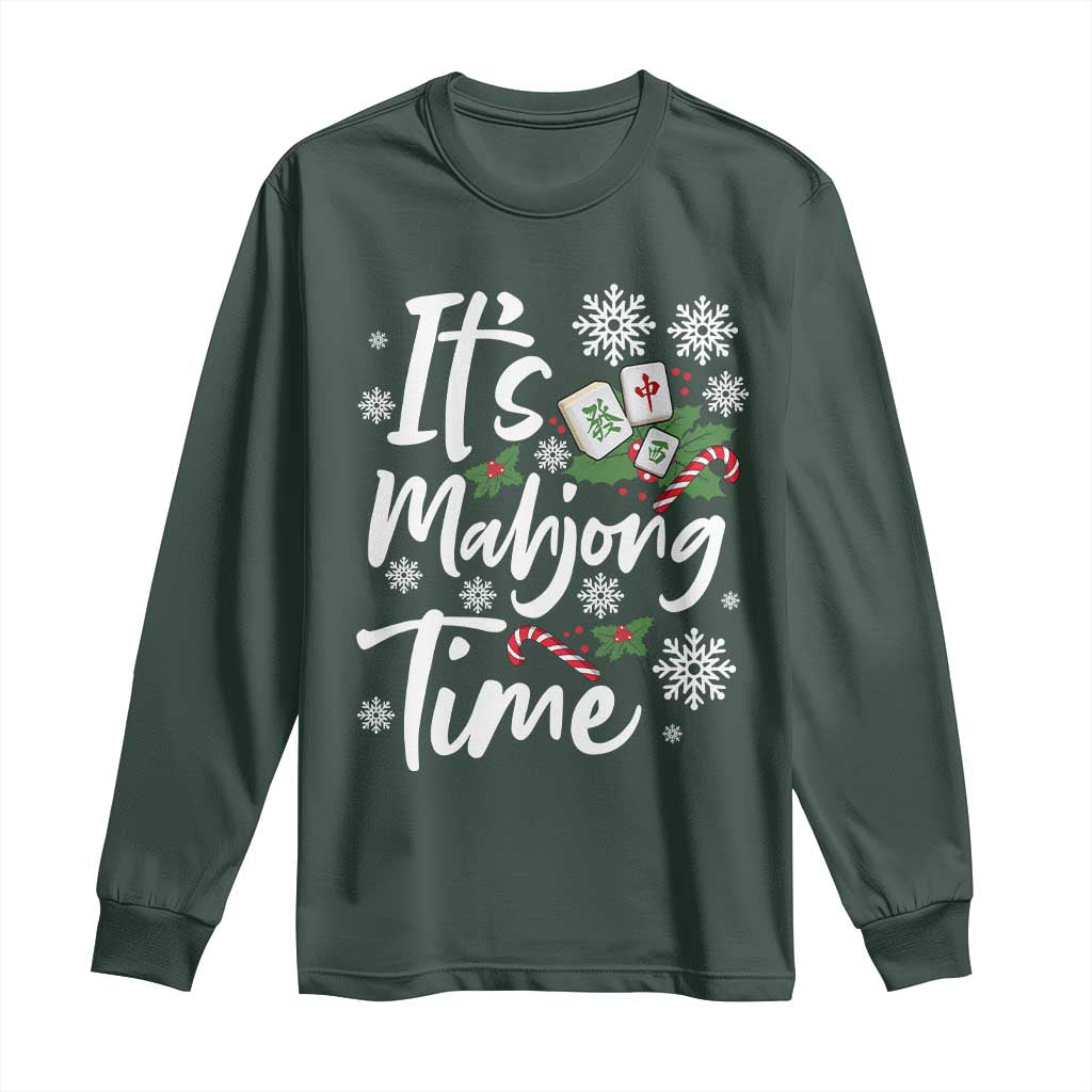 Funny Christmas Mahjong Long Sleeve Shirt It Is Mahjong Time Gambling Xmas Chinese Game TS11 Dark Forest Green Print Your Wear