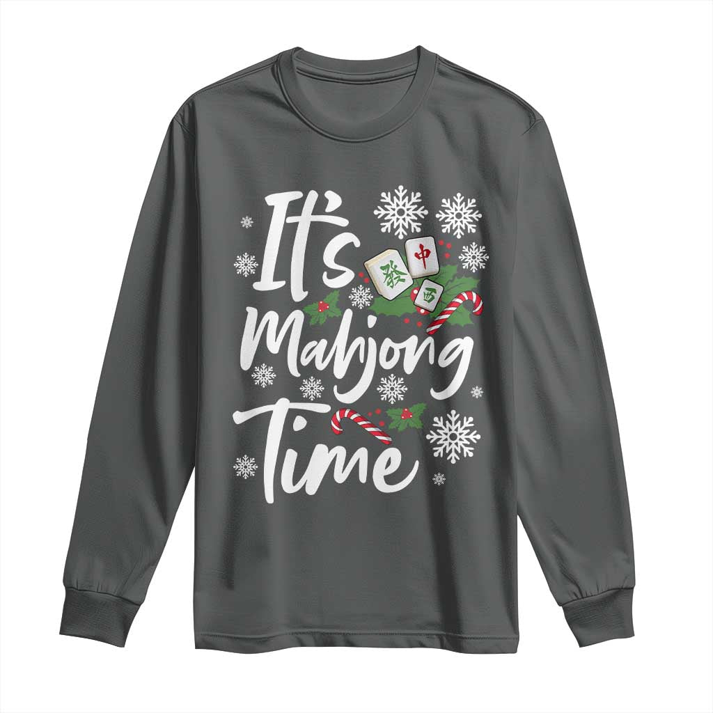 Funny Christmas Mahjong Long Sleeve Shirt It Is Mahjong Time Gambling Xmas Chinese Game TS11 Dark Heather Print Your Wear