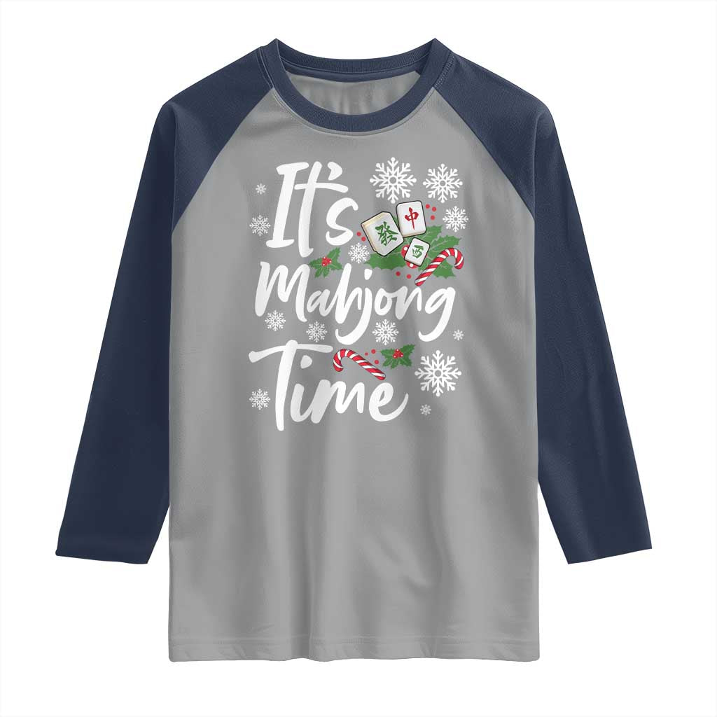 Funny Christmas Mahjong Raglan Shirt It Is Mahjong Time Gambling Xmas Chinese Game TS11 Sport Gray Navy Print Your Wear