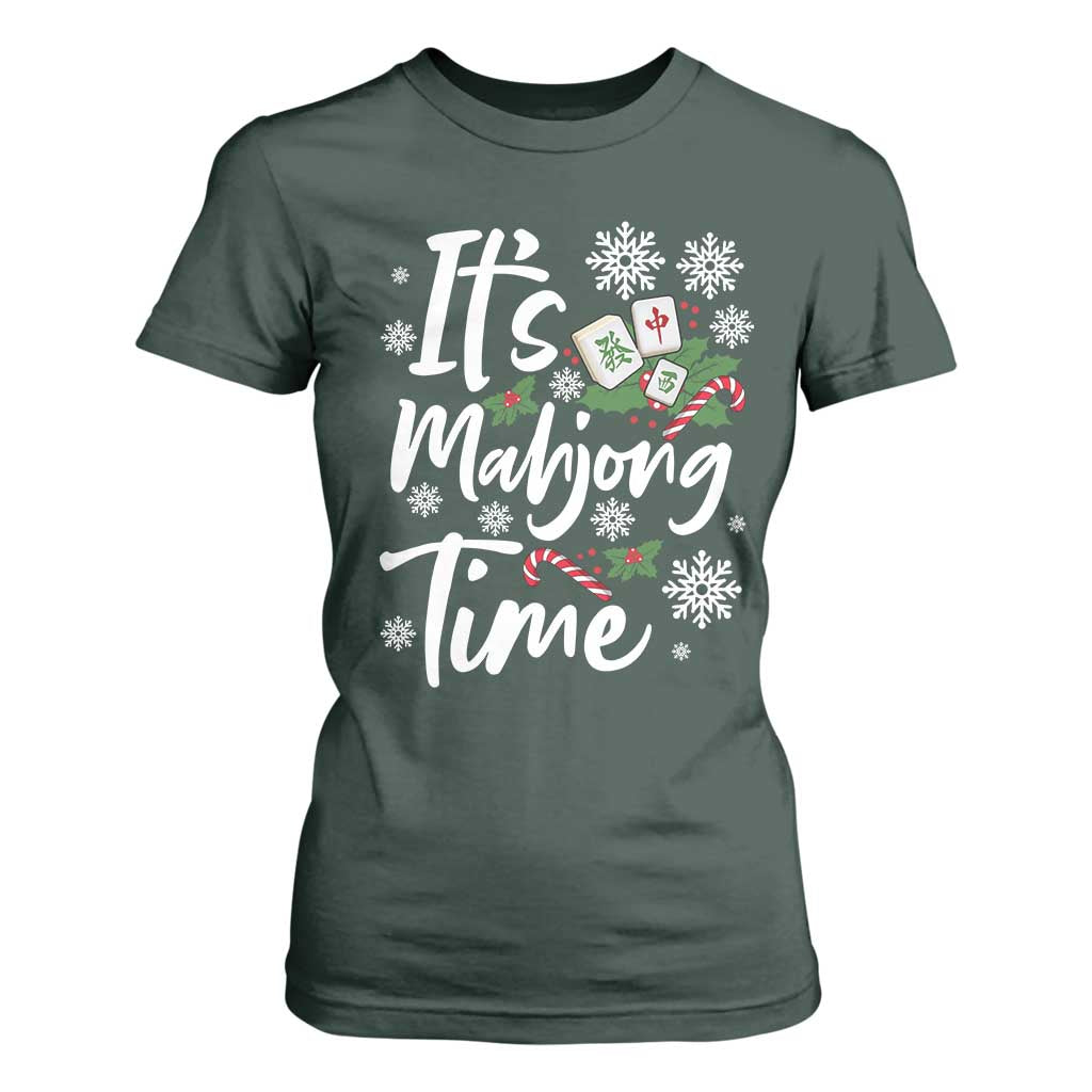 Funny Christmas Mahjong T Shirt For Women It Is Mahjong Time Gambling Xmas Chinese Game TS11 Dark Forest Green Print Your Wear