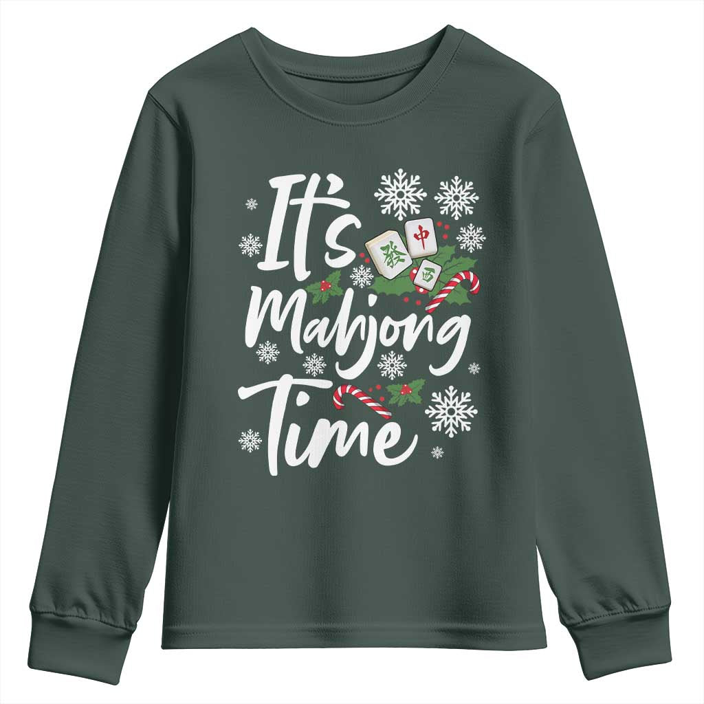 Funny Christmas Mahjong Youth Sweatshirt It Is Mahjong Time Gambling Xmas Chinese Game TS11 Dark Forest Green Print Your Wear