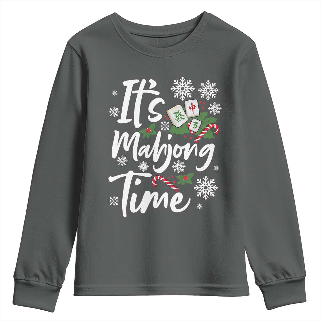 Funny Christmas Mahjong Youth Sweatshirt It Is Mahjong Time Gambling Xmas Chinese Game TS11 Dark Heather Print Your Wear