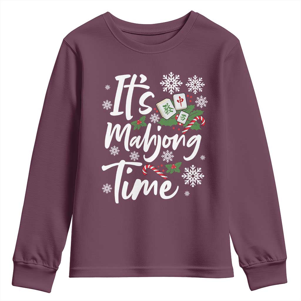 Funny Christmas Mahjong Youth Sweatshirt It Is Mahjong Time Gambling Xmas Chinese Game TS11 Maroon Print Your Wear