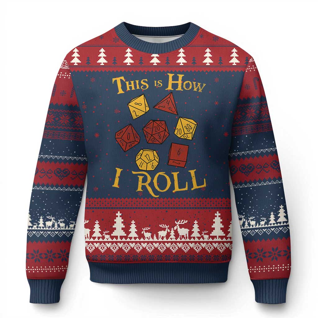 Funny RPG Tabletop Dice Ugly Christmas Sweater This Is How I Roll Vintage D20 TS11 Navy Red Print Your Wear