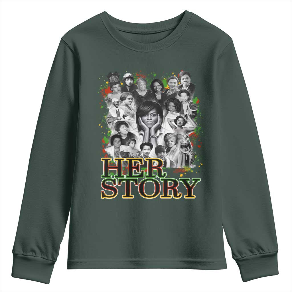 Black Women History Youth Sweatshirt Her Story Black History Month TS11 Dark Forest Green Print Your Wear