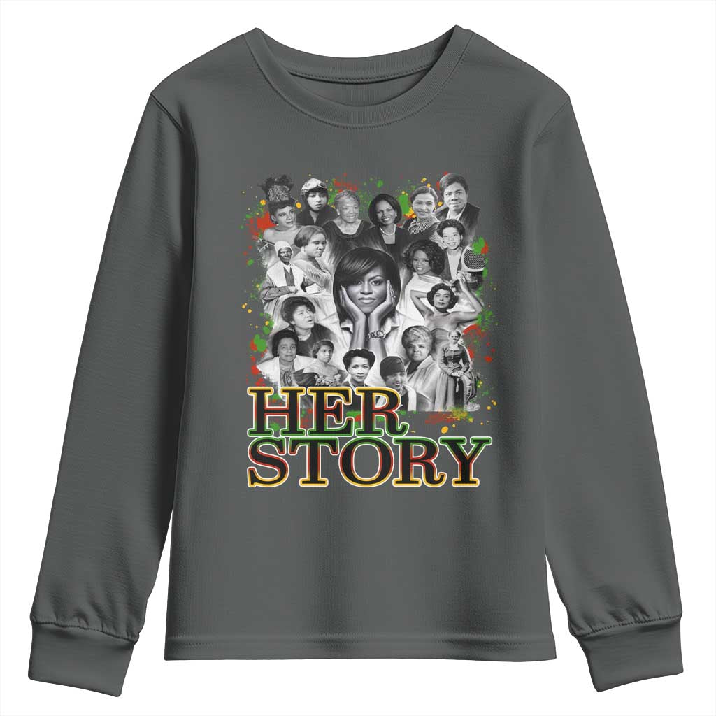 Black Women History Youth Sweatshirt Her Story Black History Month TS11 Dark Heather Print Your Wear