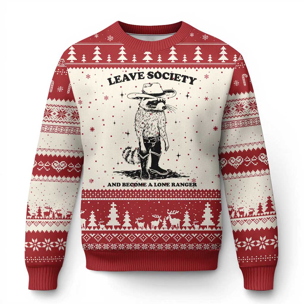 Funny Leave Society And Become A Lone Ranger Ugly Christmas Sweater Cowboy Racoon TS11 Beige Red Print Your Wear