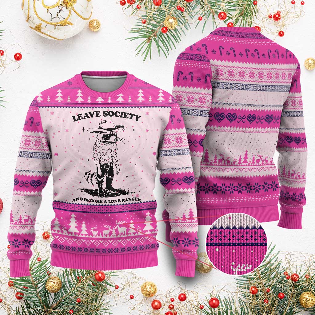 Funny Leave Society And Become A Lone Ranger Ugly Christmas Sweater Cowboy Racoon TS11 Hot Pink Print Your Wear