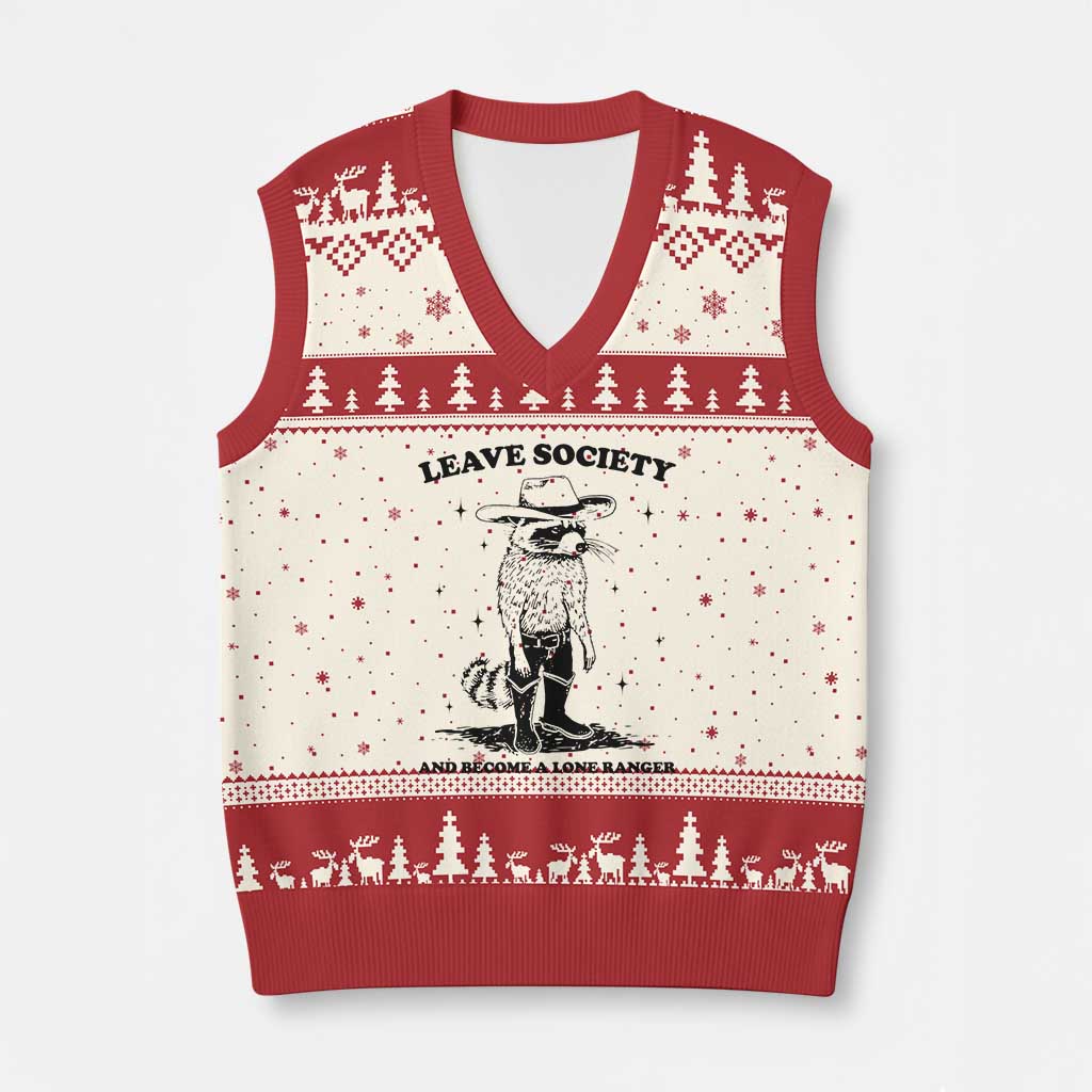 Funny Leave Society And Become A Lone Ranger V-Neck Knit Sweater Vest Cowboy Racoon TS11 Beige Red Print Your Wear