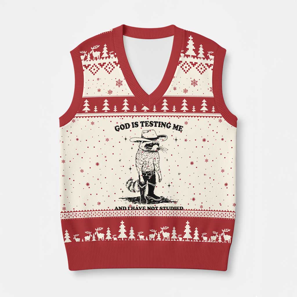 Funny God Is Testing Me And I Have Not Studied V-Neck Knit Sweater Vest Cowboy Racoon TS11 Beige Red Print Your Wear