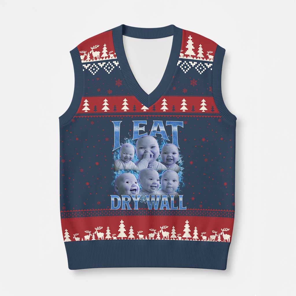 Funny AI Baby Meme Laughing V-Neck Knit Sweater Vest I Eat Dry Wall Baby Brainrot TS11 Navy Red Print Your Wear