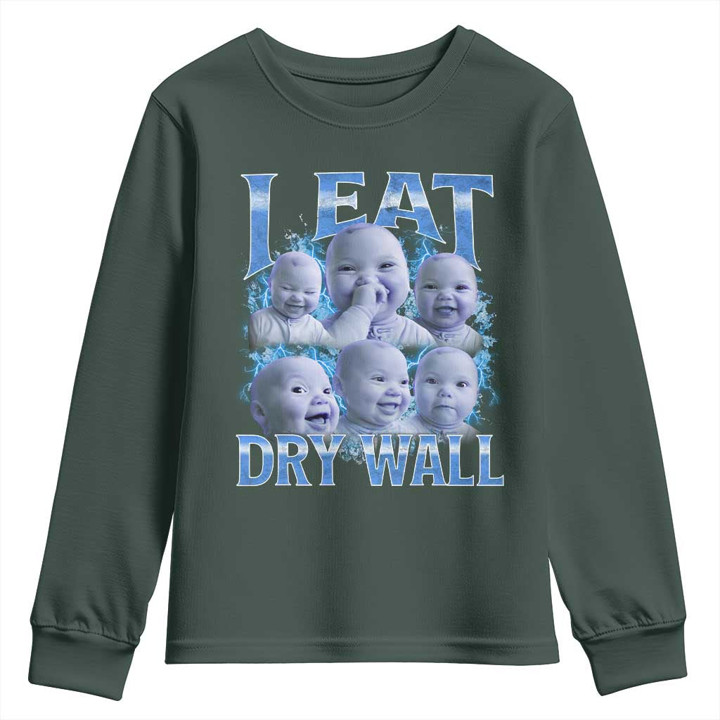 Funny AI Baby Meme Laughing Youth Sweatshirt I Eat Dry Wall Baby Brainrot TS11 Dark Forest Green Print Your Wear