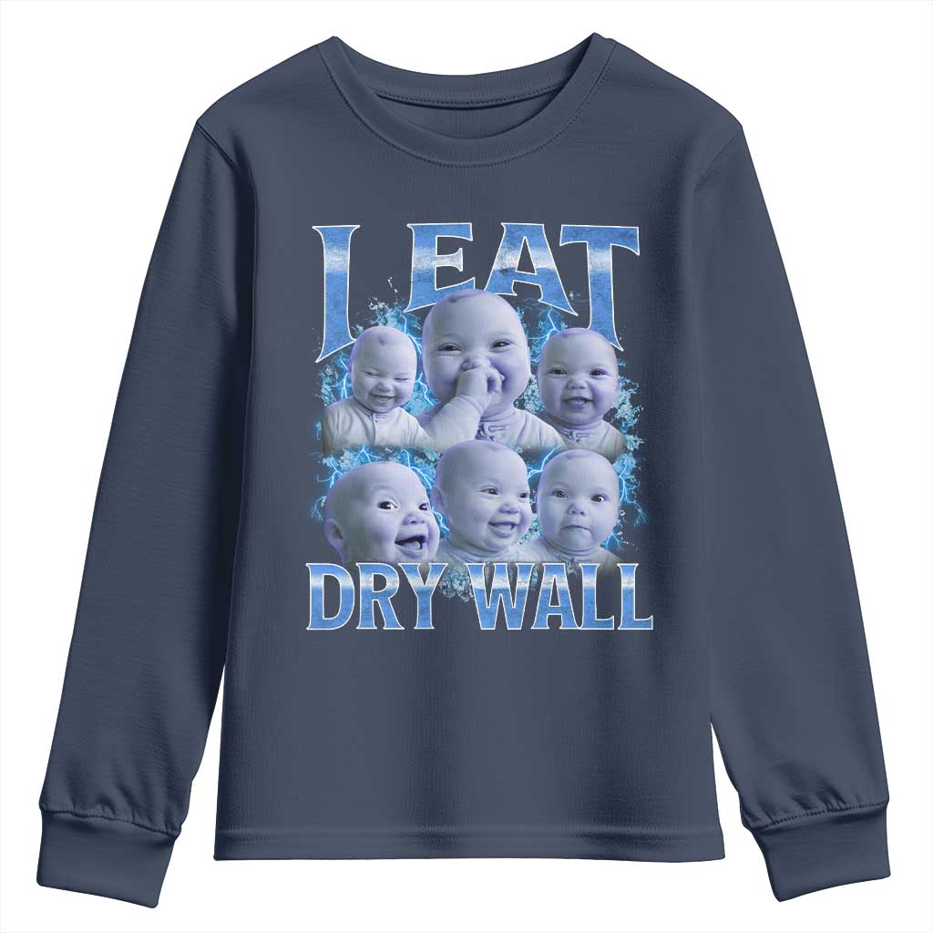 Funny AI Baby Meme Laughing Youth Sweatshirt I Eat Dry Wall Baby Brainrot TS11 Navy Print Your Wear