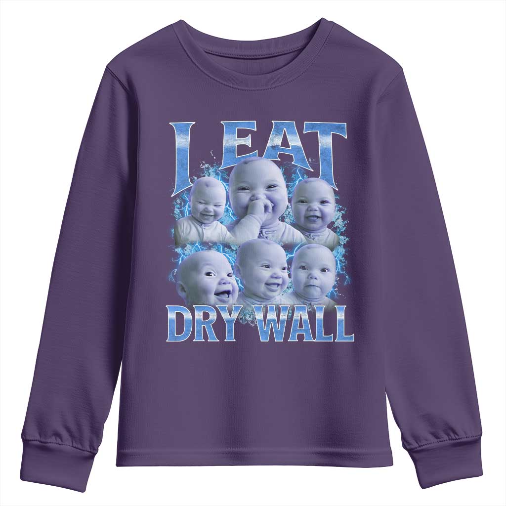 Funny AI Baby Meme Laughing Youth Sweatshirt I Eat Dry Wall Baby Brainrot TS11 Purple Print Your Wear