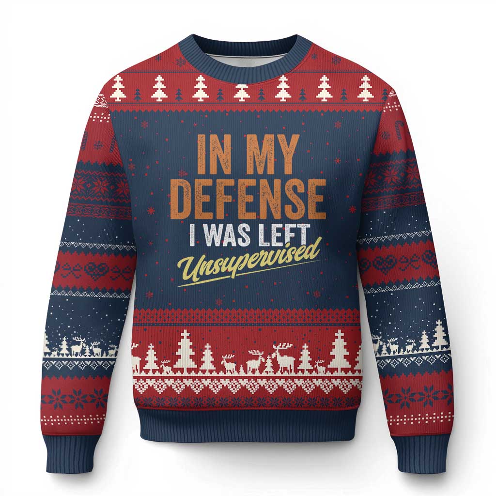 Funny In My Defense I Was Left Unsupervised Ugly Christmas Sweater Retro Vintage Sarcastic Joke TS11 Navy Red Print Your Wear