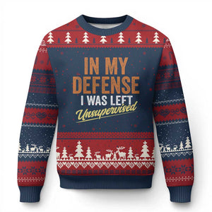 Funny In My Defense I Was Left Unsupervised Ugly Christmas Sweater Retro Vintage Sarcastic Joke TS11 Navy Red Print Your Wear