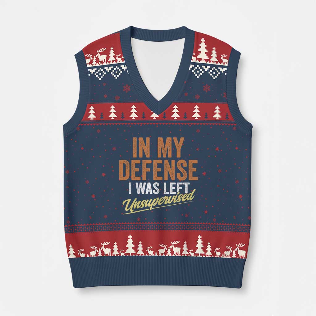 Funny In My Defense I Was Left Unsupervised V-Neck Knit Sweater Vest Retro Vintage Sarcastic Joke TS11 Navy Red Print Your Wear