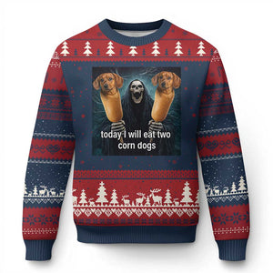 Today I Will Eat Two Corn Dogs Skeleton Meme Ugly Christmas Sweater TS11 Navy Red Print Your Wear