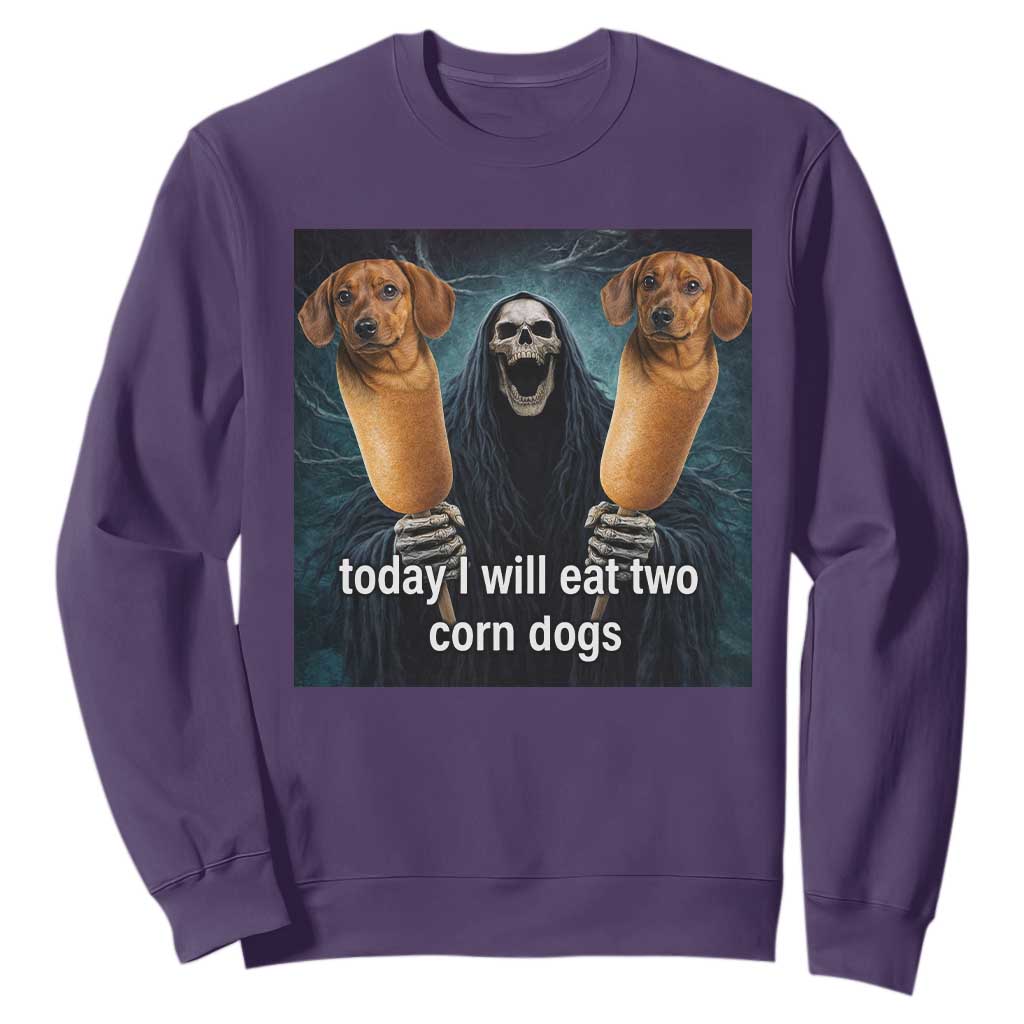 Today I Will Eat Two Corn Dogs Skeleton Meme Sweatshirt TS11 Purple Print Your Wear