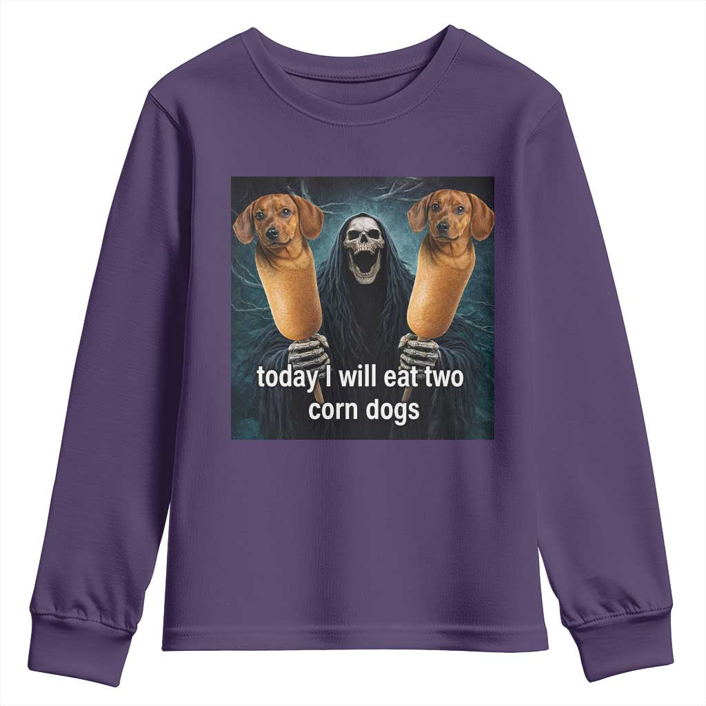 Today I Will Eat Two Corn Dogs Skeleton Meme Youth Sweatshirt TS11 Purple Print Your Wear