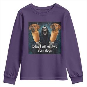 Today I Will Eat Two Corn Dogs Skeleton Meme Youth Sweatshirt TS11 Purple Print Your Wear
