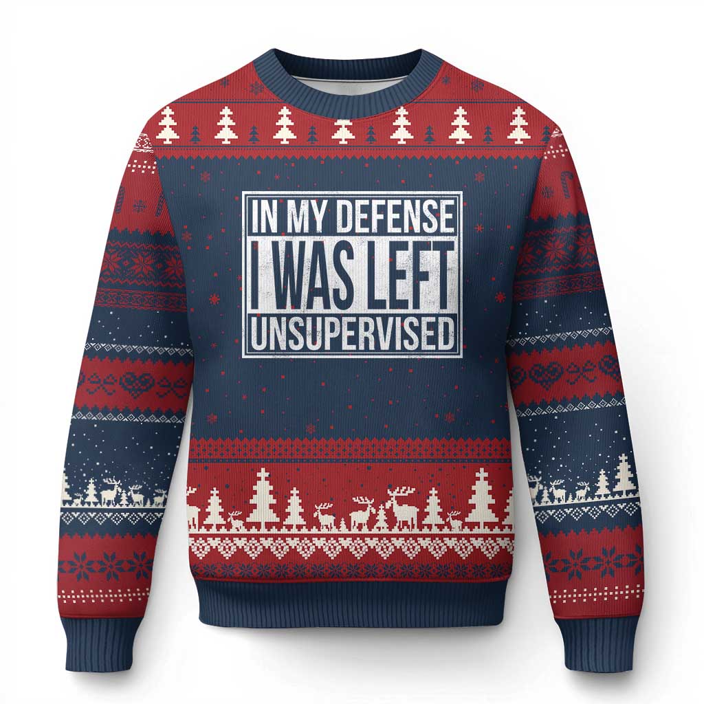Funny In My Defense I Was Left Unsupervised Ugly Christmas Sweater TS11 Navy Red Print Your Wear