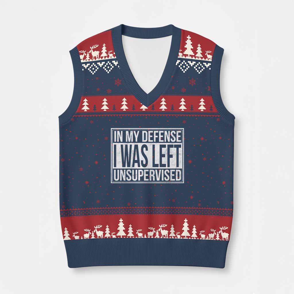 Funny In My Defense I Was Left Unsupervised V-Neck Knit Sweater Vest TS11 Navy Red Print Your Wear